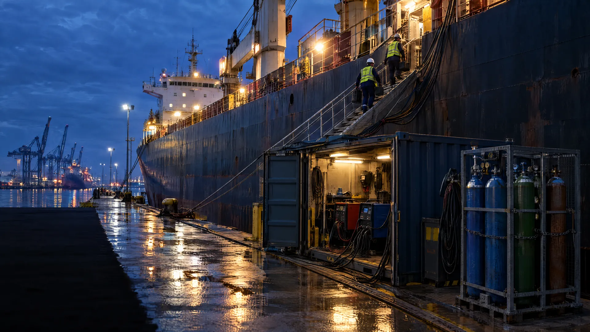 Cargo ship alongside a quay at dusk, a work container with welding machines and secured gas cylinders on the quay, two workers carrying equipment up the gangway
