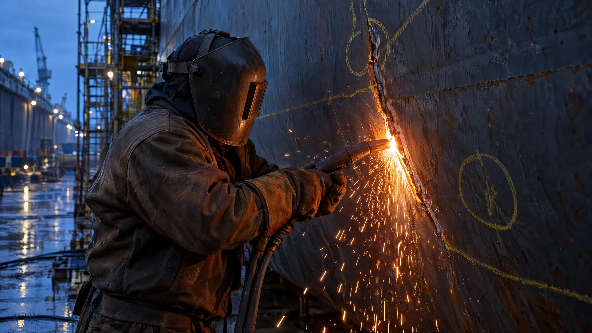 Welder gouging out a marked crack in the side shell of a ship in dry dock, sparks flying