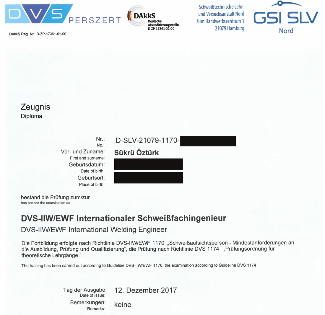 Diploma International Welding Engineer of Şükrü Öztürk, issued on 12 December 2017. Date and place of birth redacted.